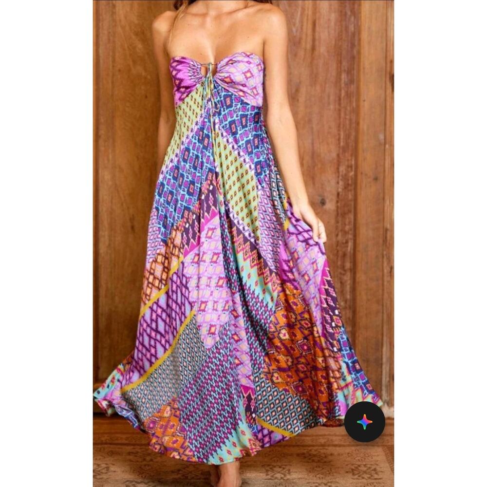 Tigerlily Utopia Trinity Maxi Dress Size 6 Boho Patchwork Print Halter Tie Back - Picture 3 of 11